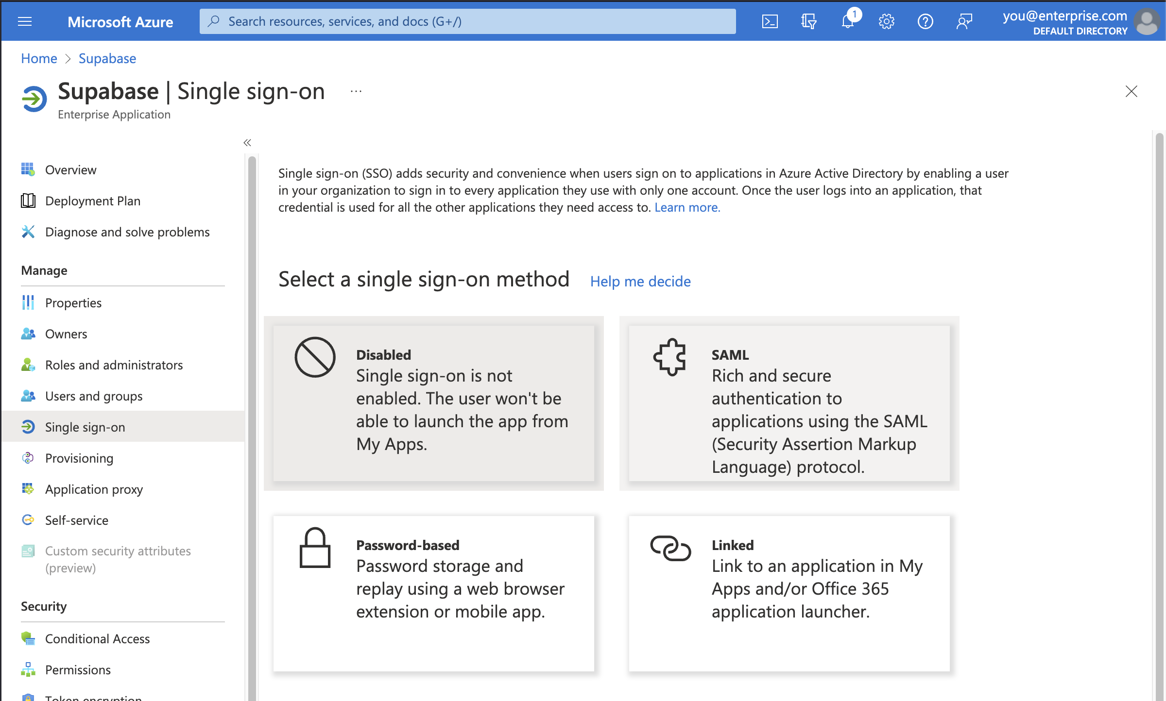 Azure AD console: Supabase application, Single sign-on configuration screen, selected SAML