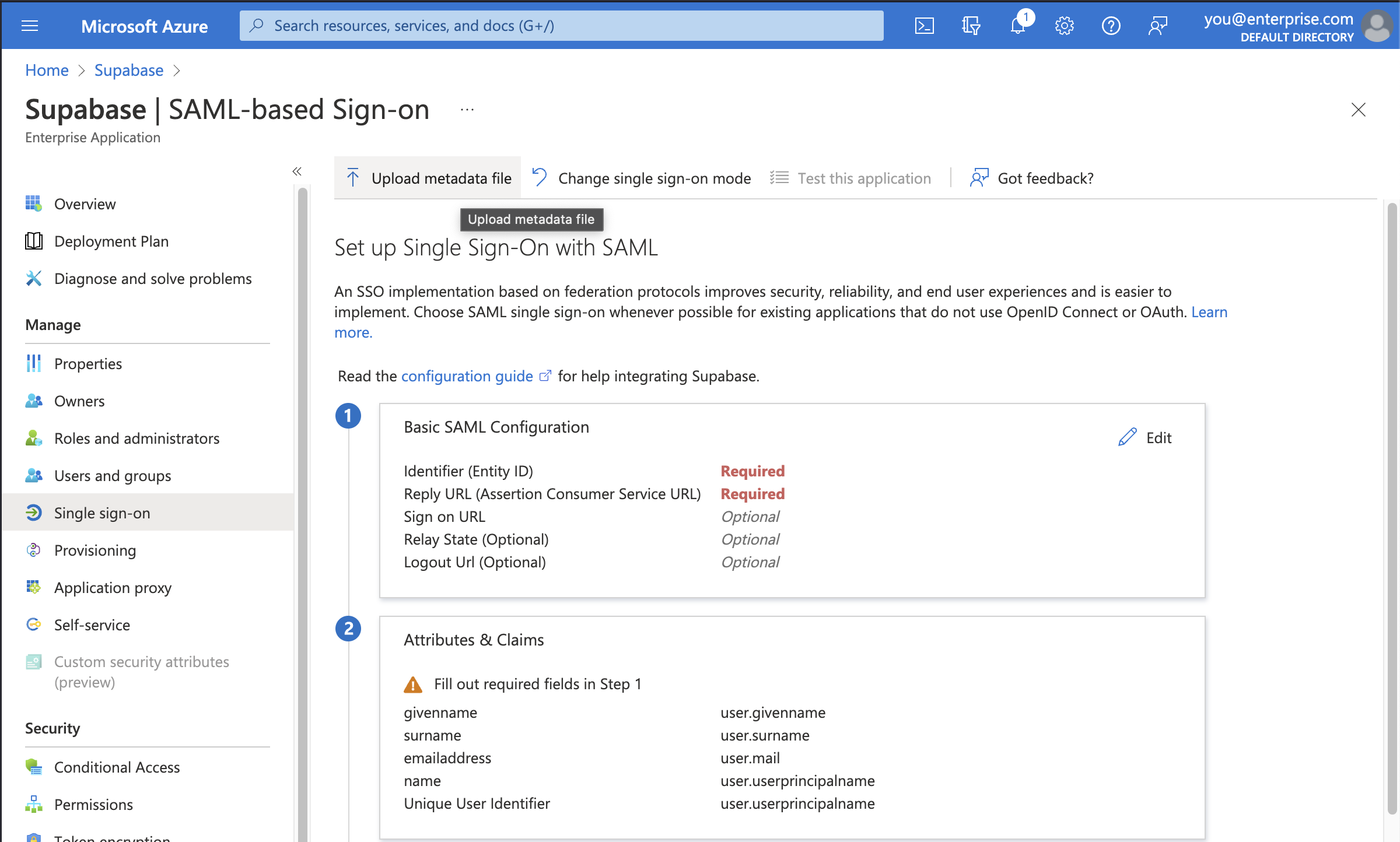 Azure AD console: Supabase application, SAML-based Sign-on screen, selected Upload metadata file button