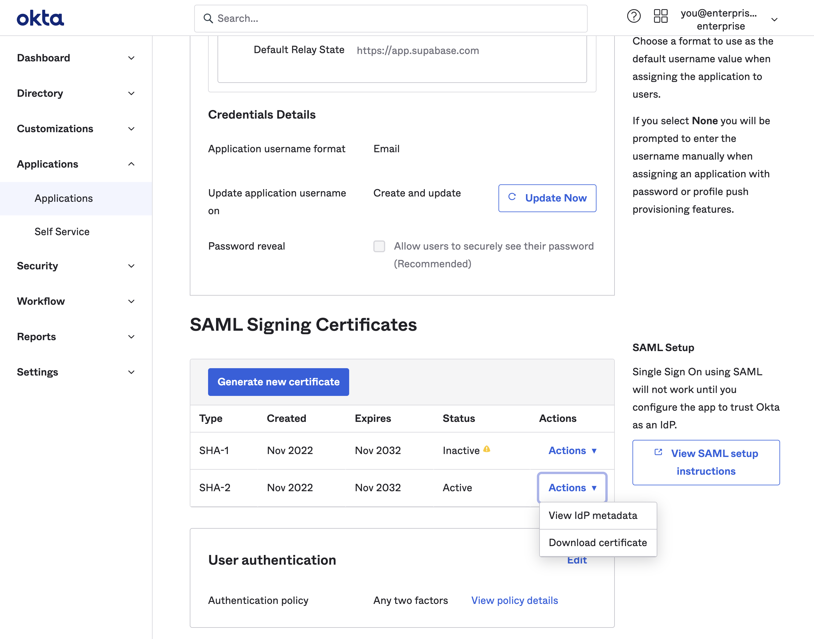 Okta dashboard: SAML Signing Certificates, Actions button highlighted